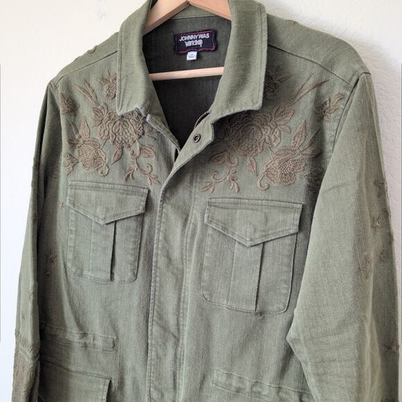 Johnny Was Military Jacket Zhenya Army Green Embroidery Stars Fatigue Utility M - Picture 6 of 7